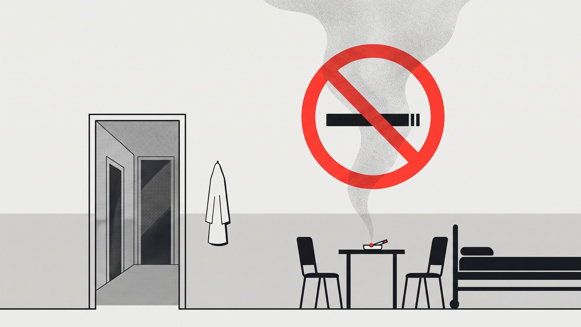 Illustration: a table with an ashtray, smoke rising from it in front of a large no smoking sign, inside a hospital.