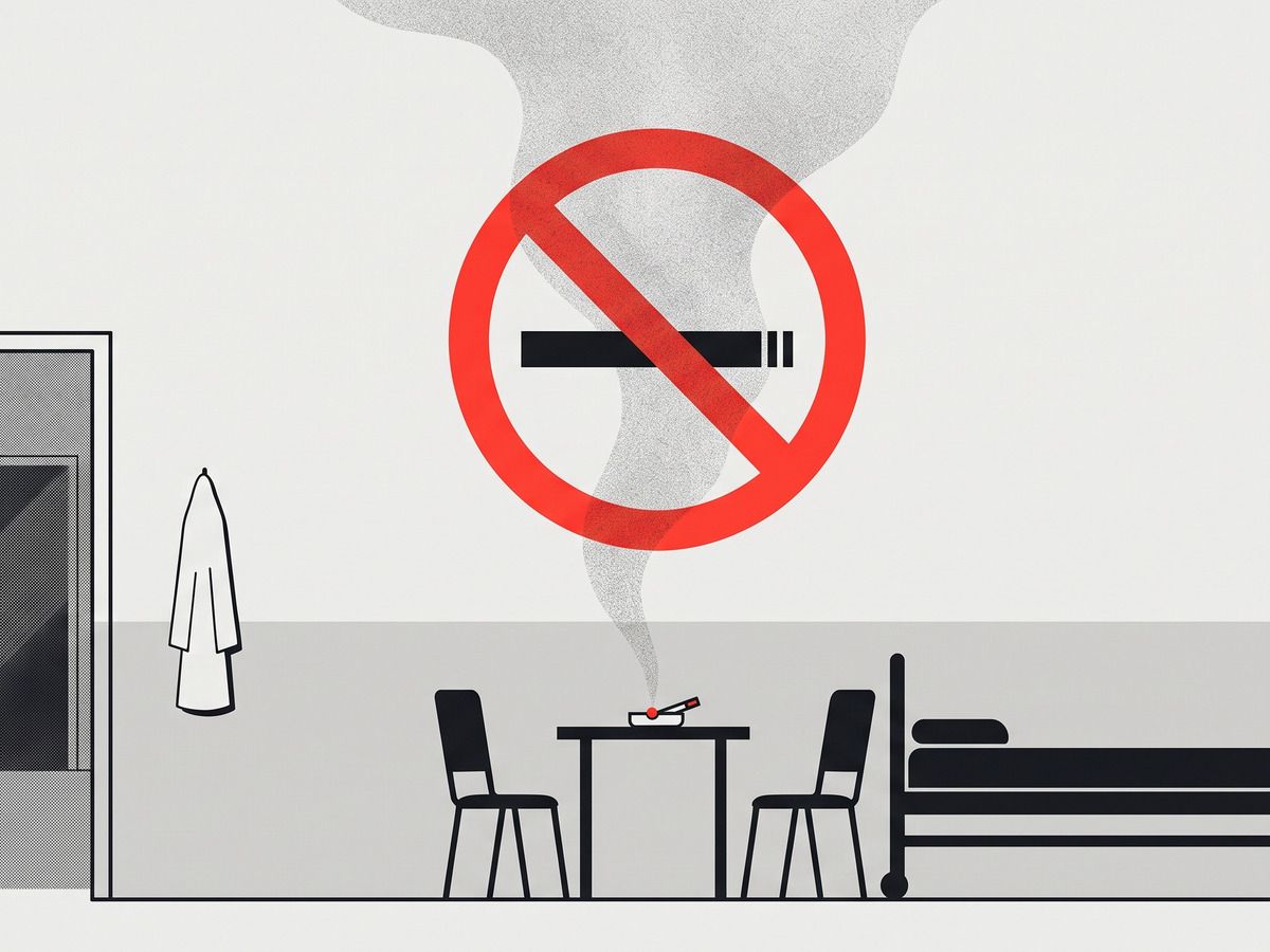 Illustration: a table with an ashtray, smoke rising from it in front of a large no smoking sign, inside a hospital.