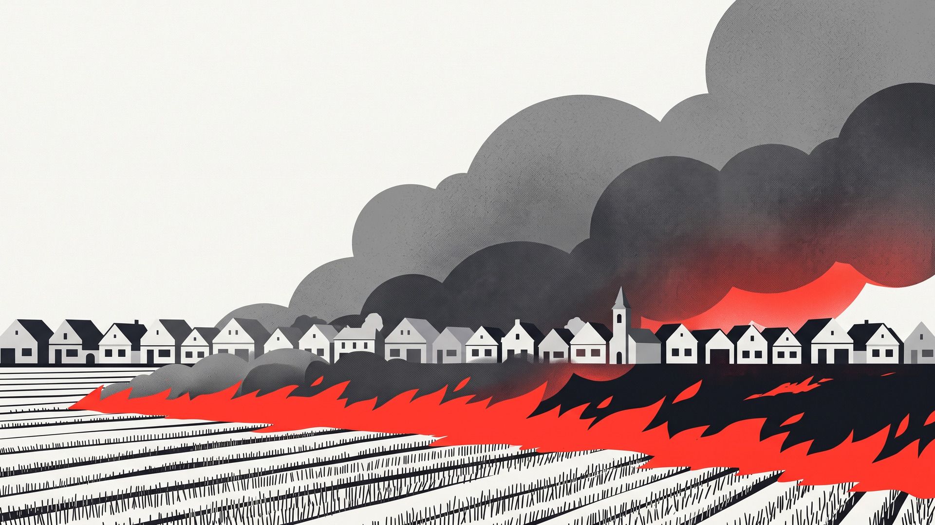 Illustration: a village in Srem with a church tower in the smoke, and burning stubble in the fields in front of it.