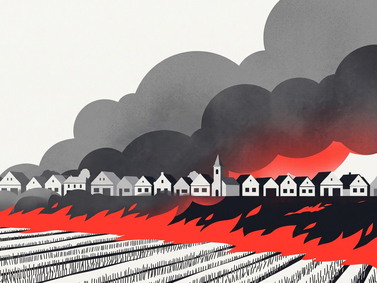 Illustration: a village in Srem with a church tower in the smoke, and burning stubble in the fields in front of it.