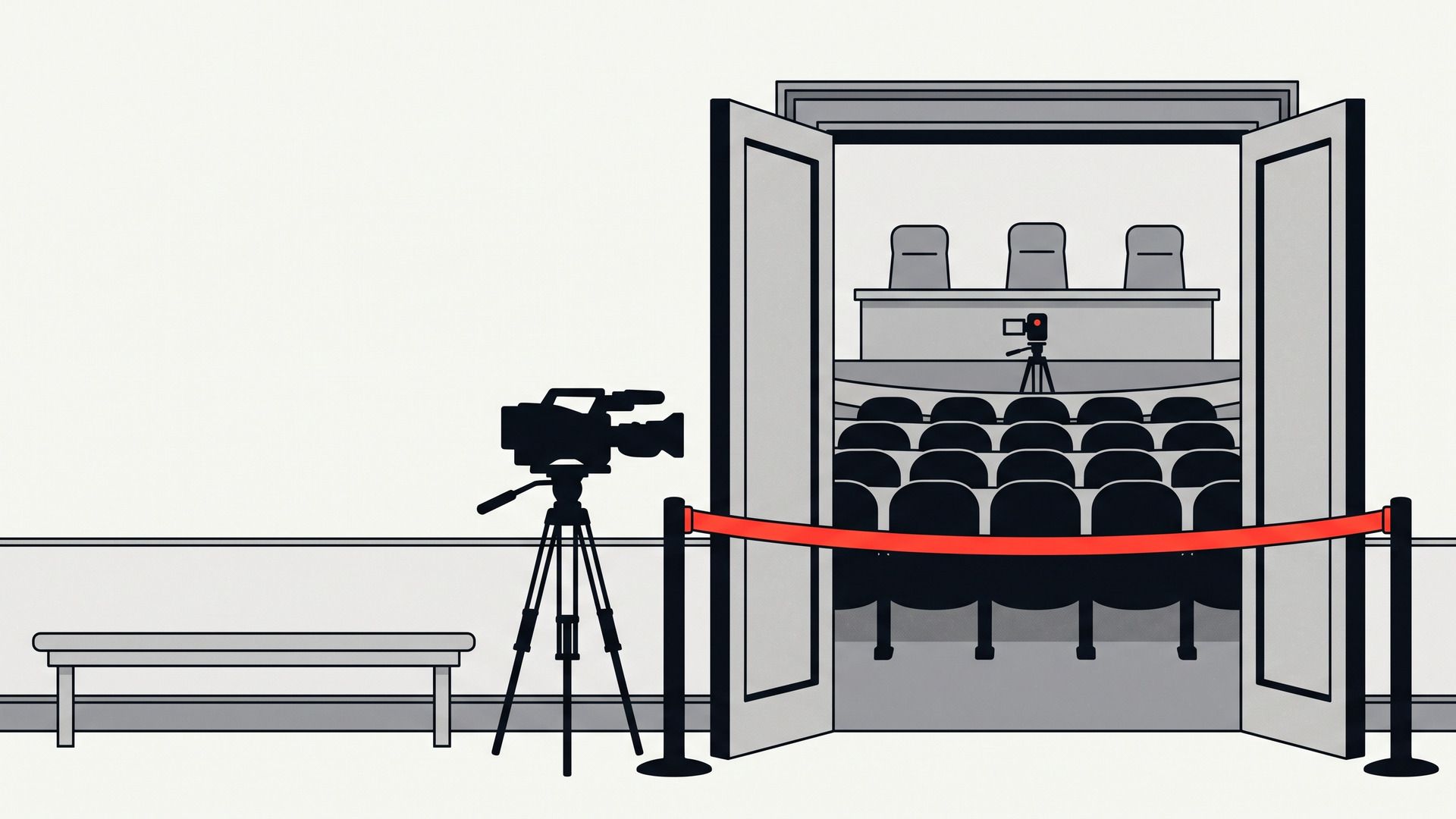 Illustration: the open doors of an assembly hall with empty chairs, a red rope barrier in front of them and a news camera on a tripod that stays in the corridor.