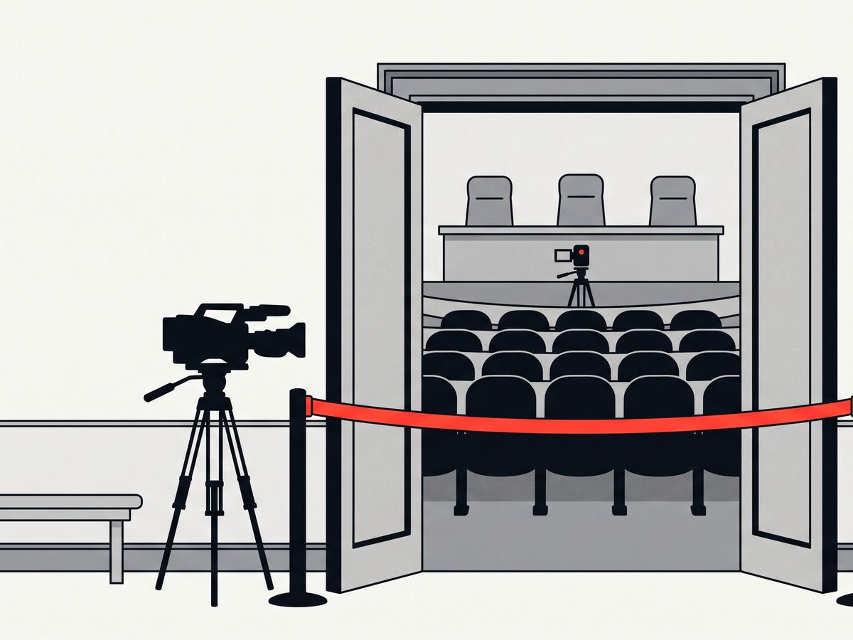 Illustration: the open doors of an assembly hall with empty chairs, a red rope barrier in front of them and a news camera on a tripod that stays in the corridor.